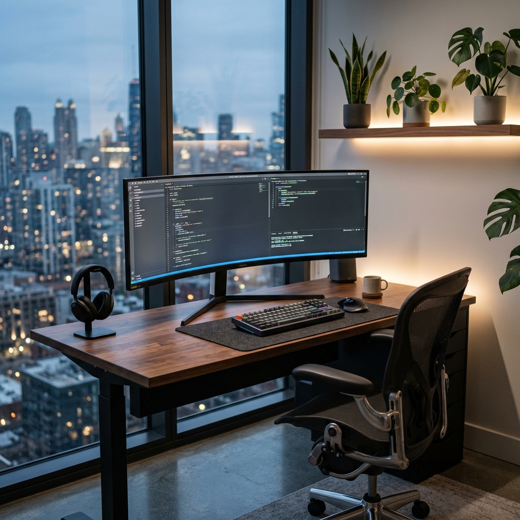Modern luxury workspace with financial charts